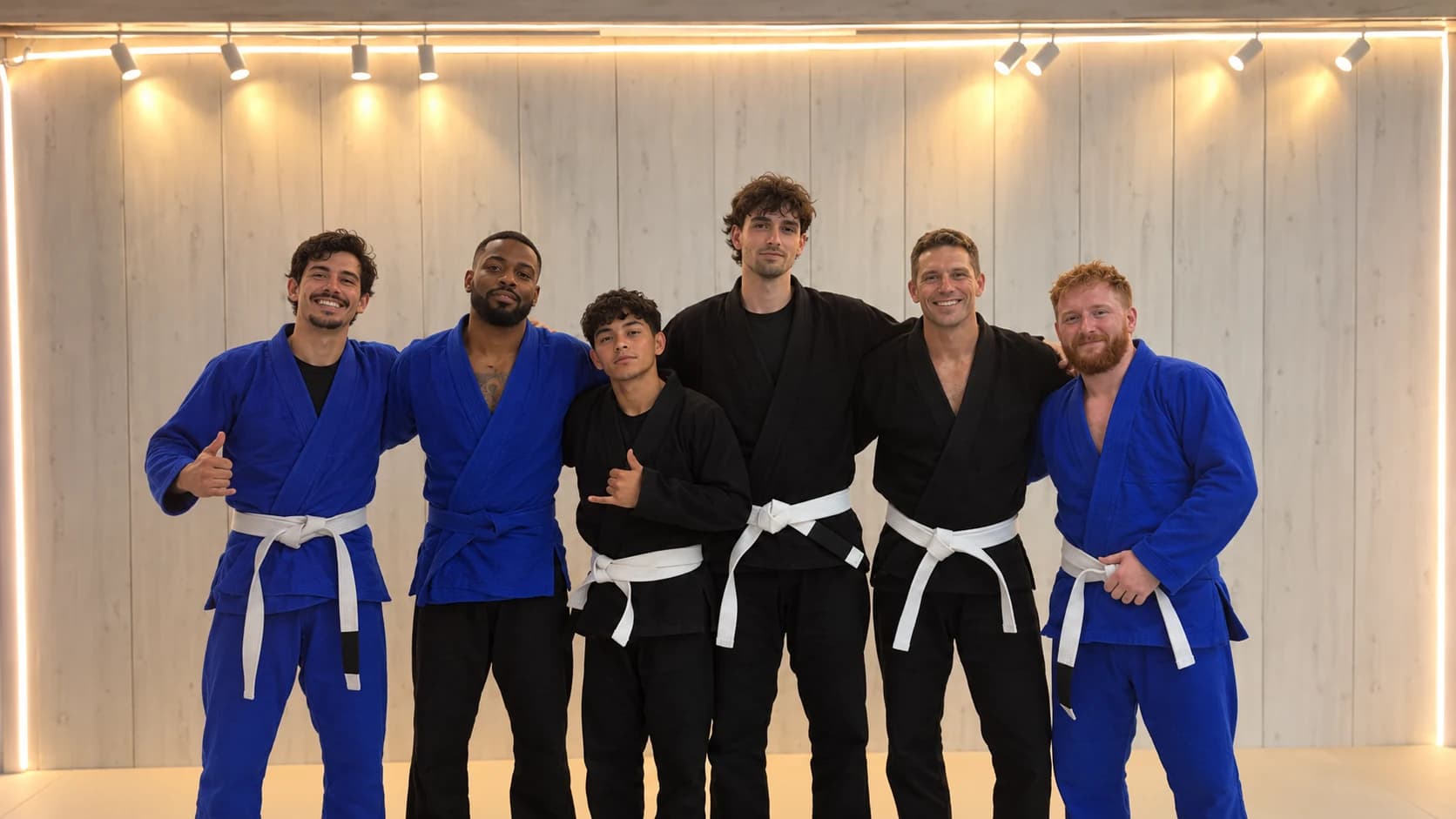 Seis personas con kimono posan juntas en una academia